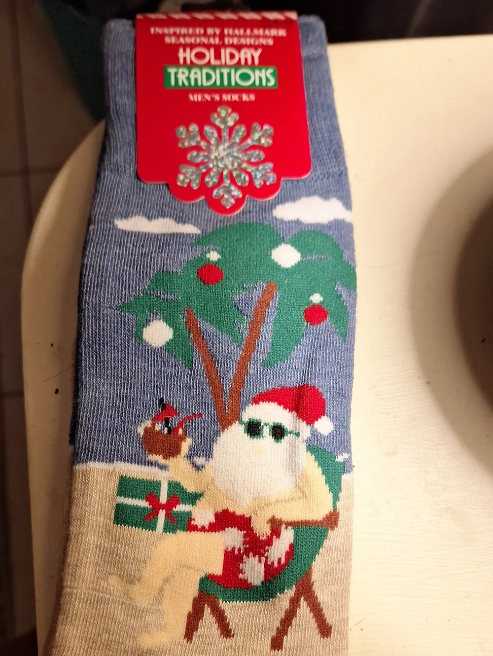 Beach Santa ..Men's Novelty Socks - Blue/Tan Christmas Palm Tree Design